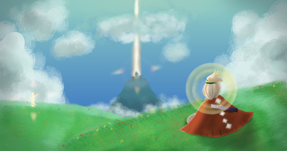 Sky kid from Sky:CotL sitting on green field looking at the mountain in the distance