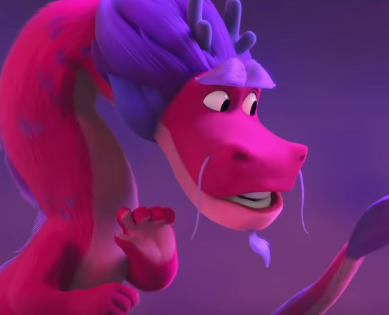 h i m, pink fluffy chinese dragon with a cute face