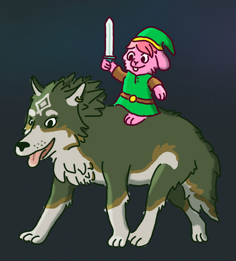 Digital illustration of wolf link and bunny link